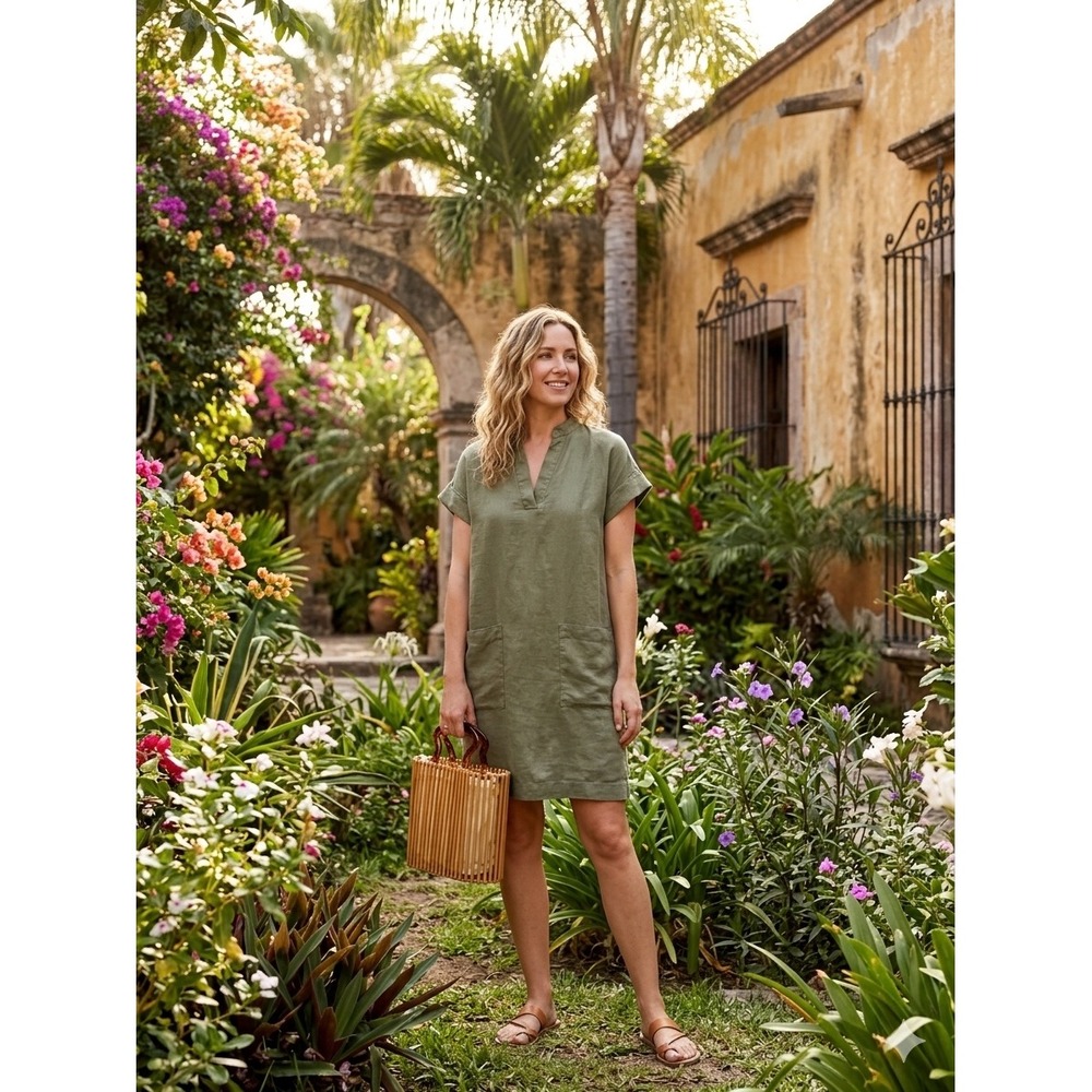 Lou & Grey 100% Linen V-Neck Shift Dress Olive Gre Short Sleeve Pockets S 564840